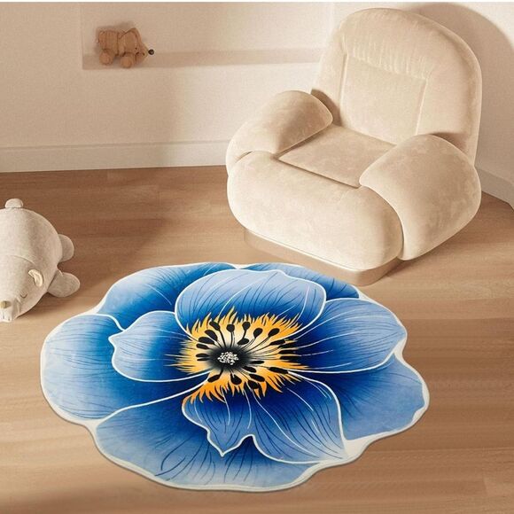 Flower Rug Blue Floral Round Carpet Bath Mat Bedroom Living Room Bathroom D1 - Picture 6 of 9